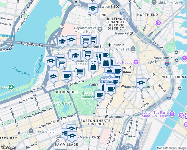 map of restaurants, bars, coffee shops, grocery stores, and more near 7 Joy Place in Boston