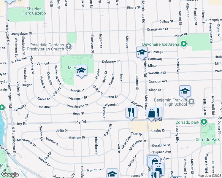 map of restaurants, bars, coffee shops, grocery stores, and more near 9106 Texas Court in Livonia