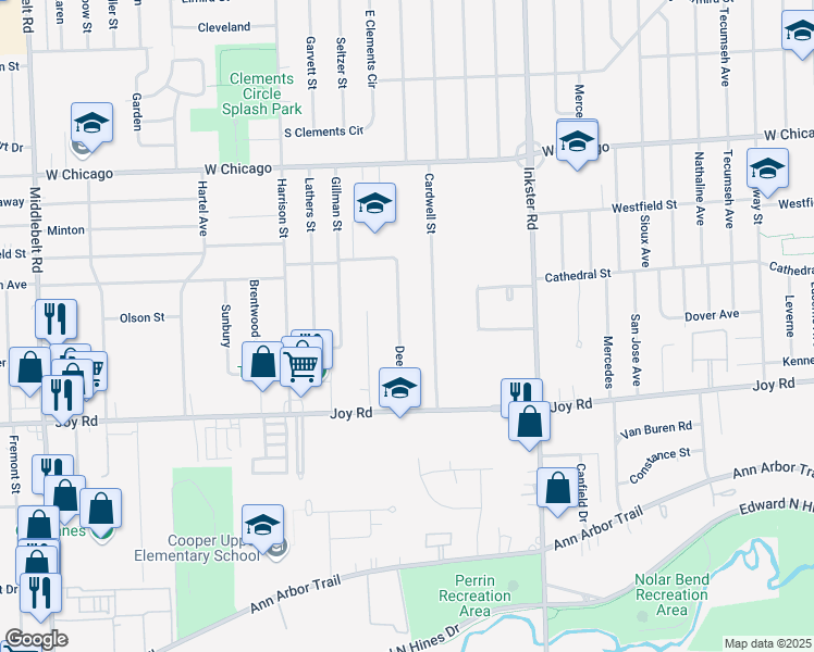 map of restaurants, bars, coffee shops, grocery stores, and more near 9032 Deering Street in Livonia