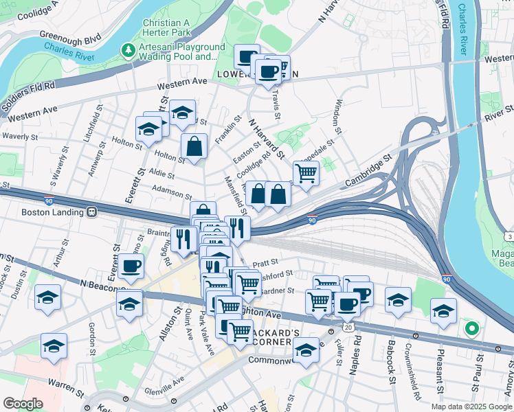 map of restaurants, bars, coffee shops, grocery stores, and more near 7 Mansfield Street in Boston