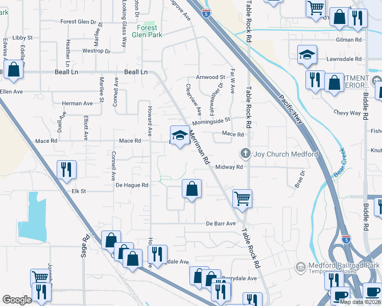 map of restaurants, bars, coffee shops, grocery stores, and more near 2685 Merriman Road in Medford