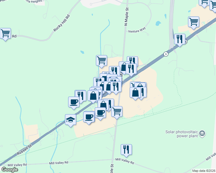 map of restaurants, bars, coffee shops, grocery stores, and more near 344 Russell Street in Hadley