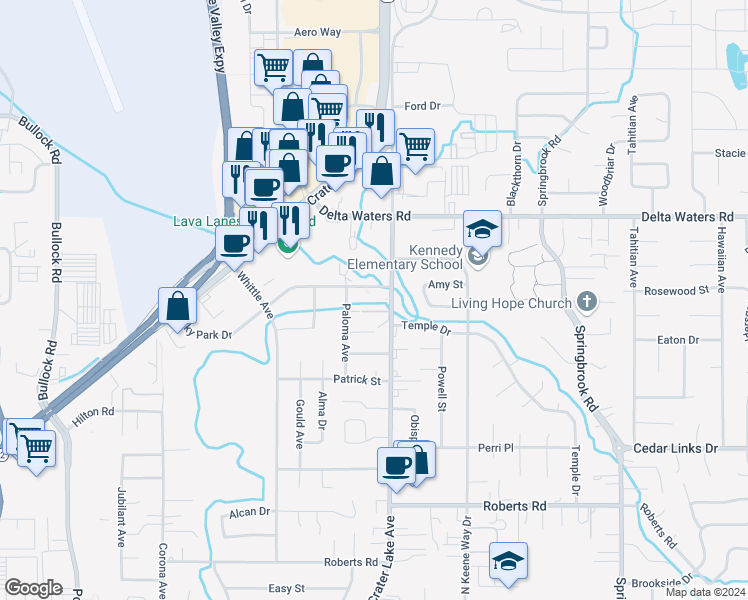 map of restaurants, bars, coffee shops, grocery stores, and more near 2731 Crater Lake Avenue in Medford