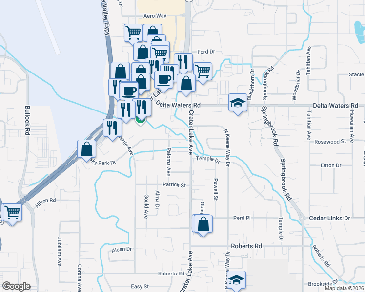 map of restaurants, bars, coffee shops, grocery stores, and more near 2731 Crater Lake Avenue in Medford