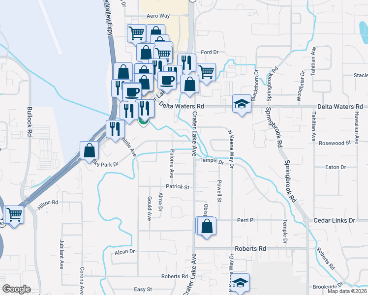 map of restaurants, bars, coffee shops, grocery stores, and more near 2731 Crater Lake Avenue in Medford