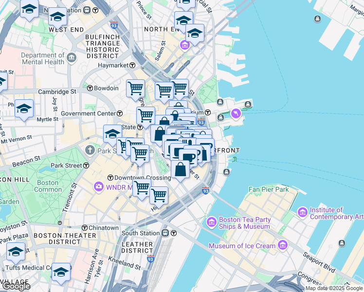 map of restaurants, bars, coffee shops, grocery stores, and more near 67 Batterymarch Street in Boston
