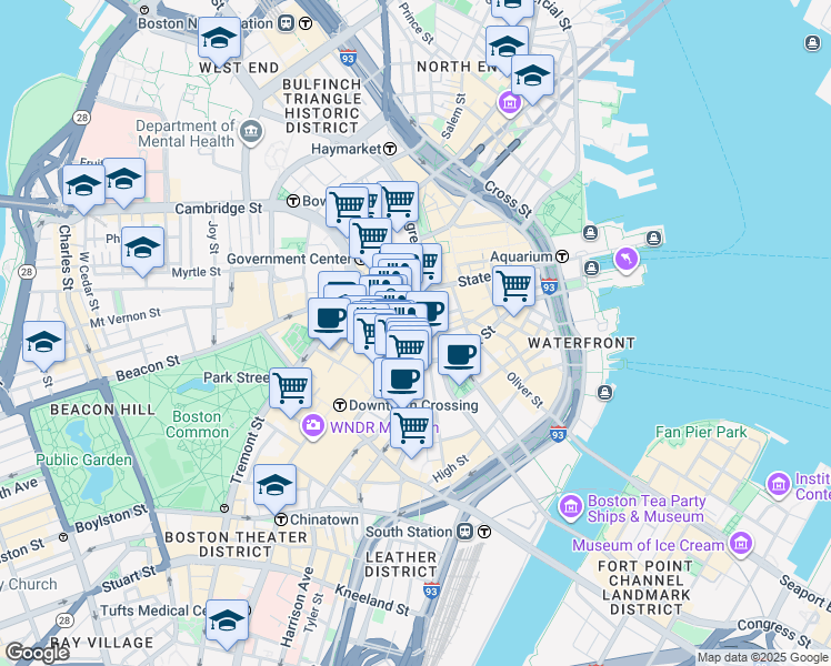 map of restaurants, bars, coffee shops, grocery stores, and more near 159 Devonshire Street in Boston