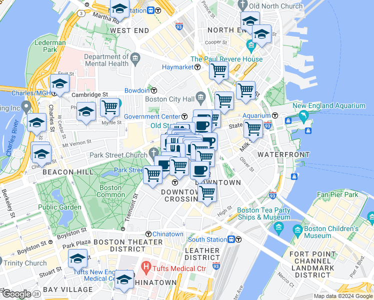 map of restaurants, bars, coffee shops, grocery stores, and more near 327 Washington Street in Boston