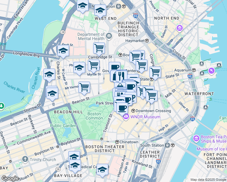 map of restaurants, bars, coffee shops, grocery stores, and more near in Boston