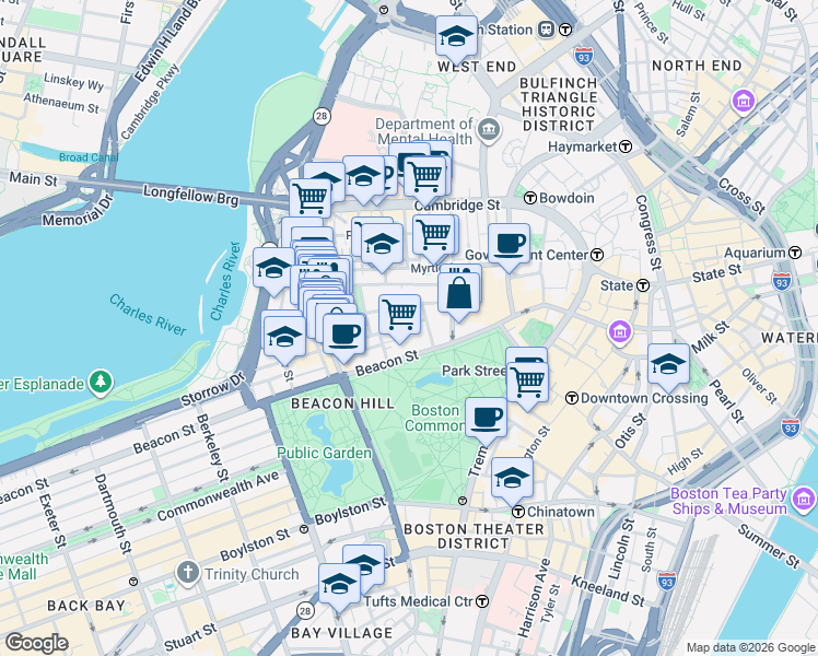 map of restaurants, bars, coffee shops, grocery stores, and more near in Boston