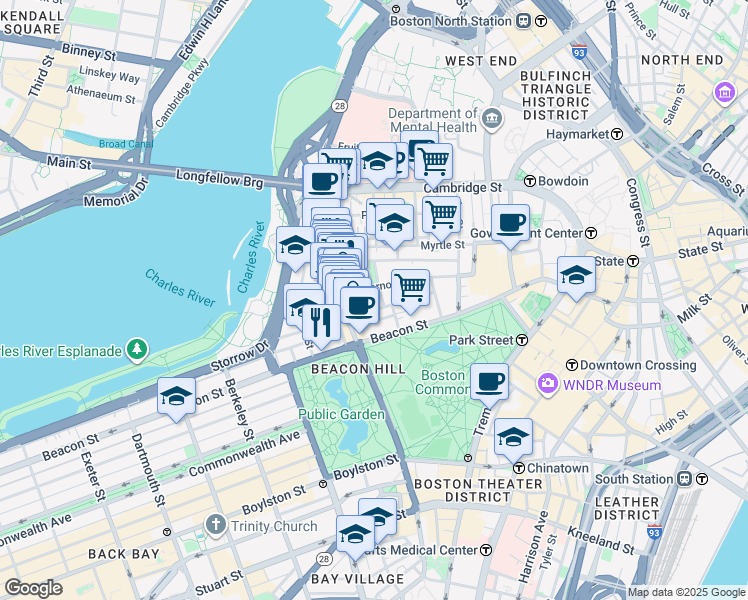 map of restaurants, bars, coffee shops, grocery stores, and more near 28 Branch Street in Boston