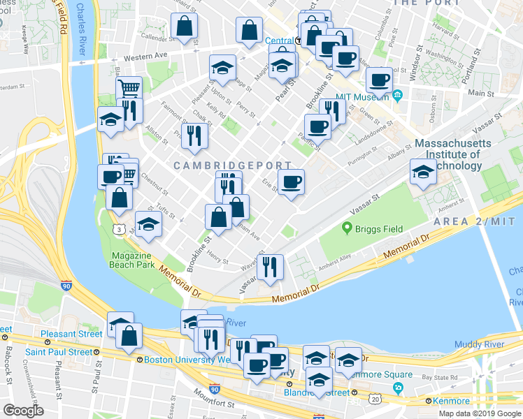 map of restaurants, bars, coffee shops, grocery stores, and more near 216 Sidney Street in Cambridge