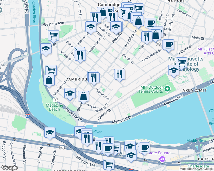 map of restaurants, bars, coffee shops, grocery stores, and more near 216 Sidney Street in Cambridge