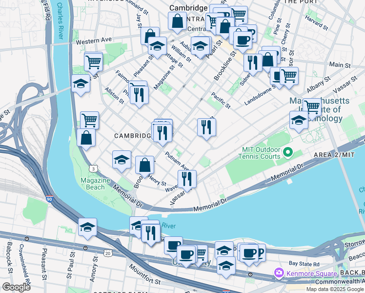 map of restaurants, bars, coffee shops, grocery stores, and more near 216 Sidney Street in Cambridge
