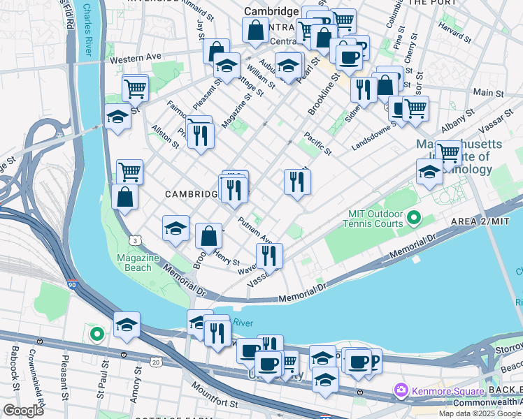 map of restaurants, bars, coffee shops, grocery stores, and more near 216 Sidney Street in Cambridge
