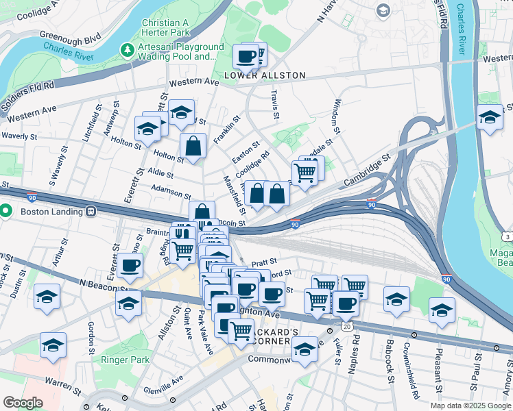 map of restaurants, bars, coffee shops, grocery stores, and more near 7 Mansfield Street in Boston