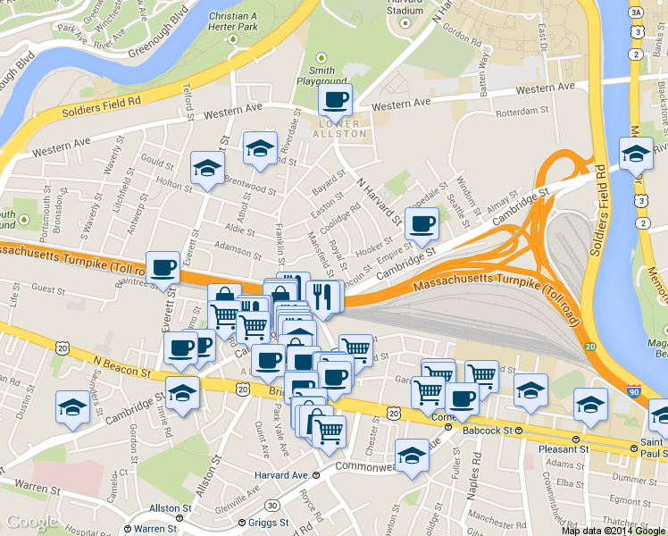 map of restaurants, bars, coffee shops, grocery stores, and more near 7 Mansfield Street in Boston