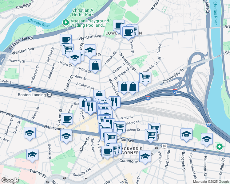 map of restaurants, bars, coffee shops, grocery stores, and more near 350 Lincoln Street in Boston