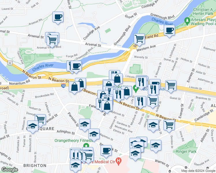 map of restaurants, bars, coffee shops, grocery stores, and more near 217-221 North Beacon Street in Boston