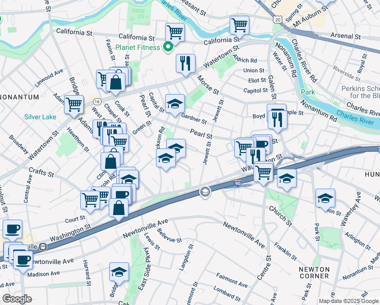 map of restaurants, bars, coffee shops, grocery stores, and more near 58 Walnut Park in Newton