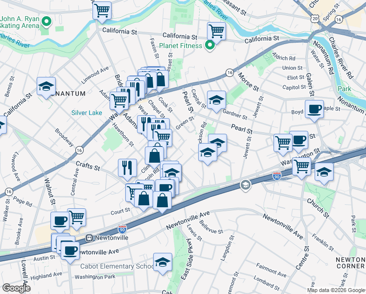 map of restaurants, bars, coffee shops, grocery stores, and more near 34-36 Middle Street in Newton