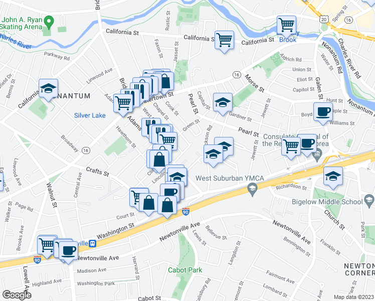 map of restaurants, bars, coffee shops, grocery stores, and more near 34-36 Middle Street in Newton