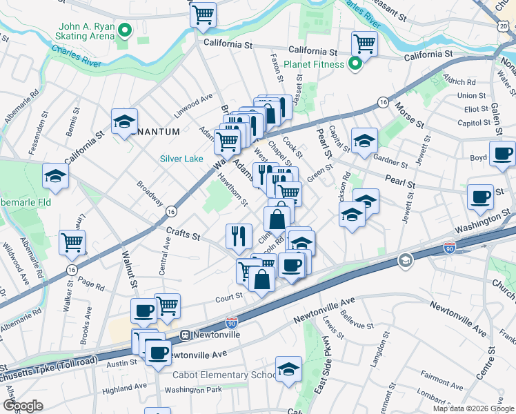 map of restaurants, bars, coffee shops, grocery stores, and more near 92 Hawthorn Street in Newton