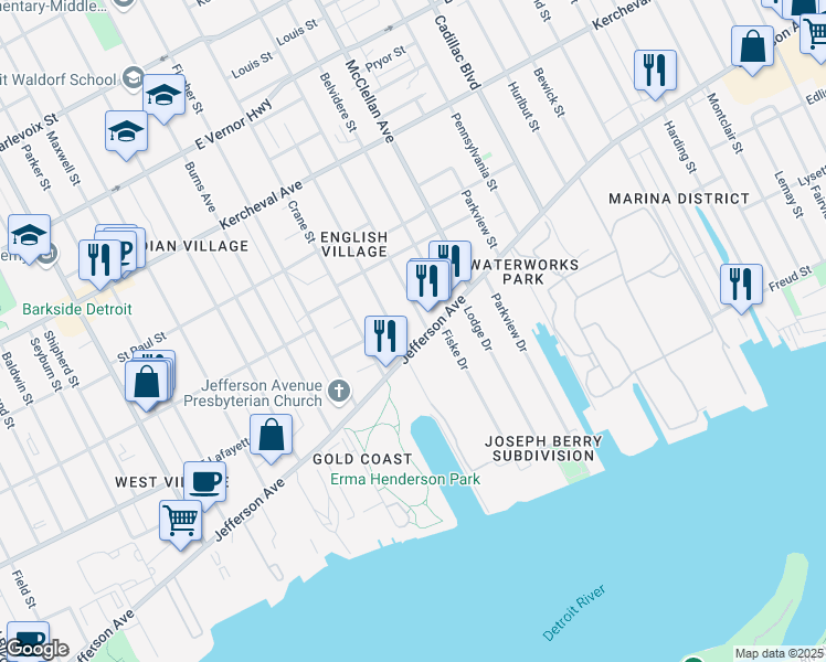 map of restaurants, bars, coffee shops, grocery stores, and more near 8845 East Jefferson Avenue in Detroit