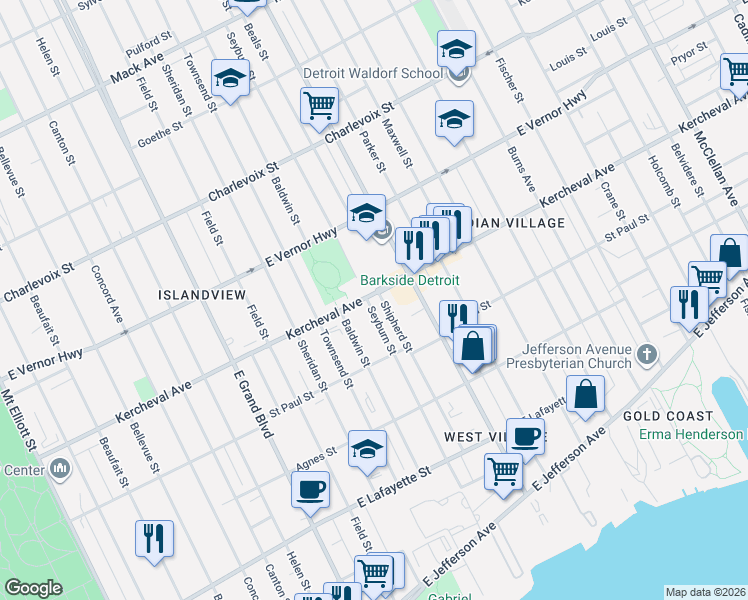 map of restaurants, bars, coffee shops, grocery stores, and more near 1778 Seyburn Street in Detroit