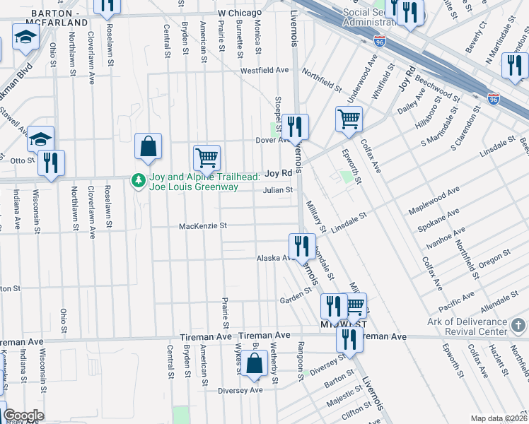 map of restaurants, bars, coffee shops, grocery stores, and more near 6419 Mackenzie Street in Detroit