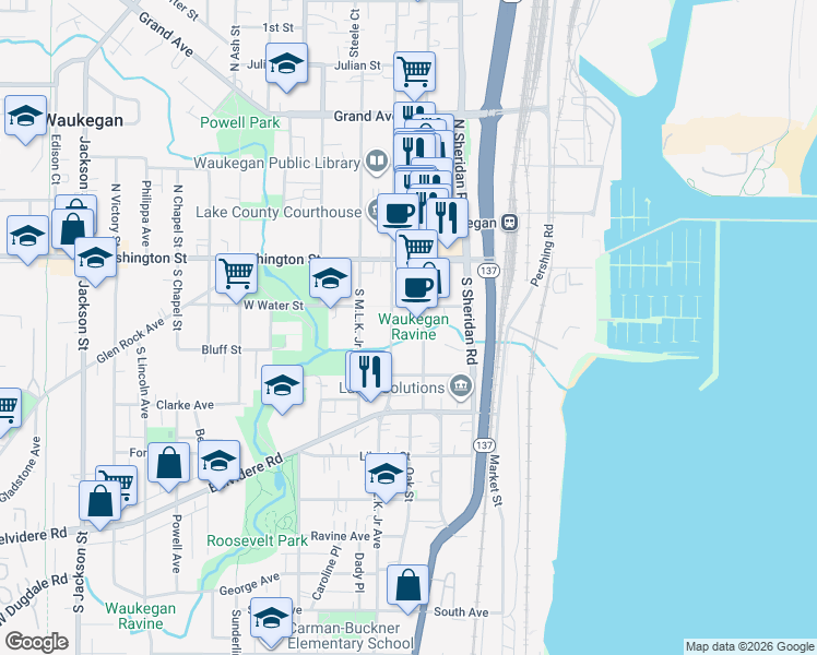 map of restaurants, bars, coffee shops, grocery stores, and more near 111 North County Street in Waukegan
