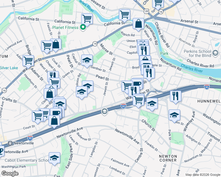 map of restaurants, bars, coffee shops, grocery stores, and more near 33 Waban Street in Newton
