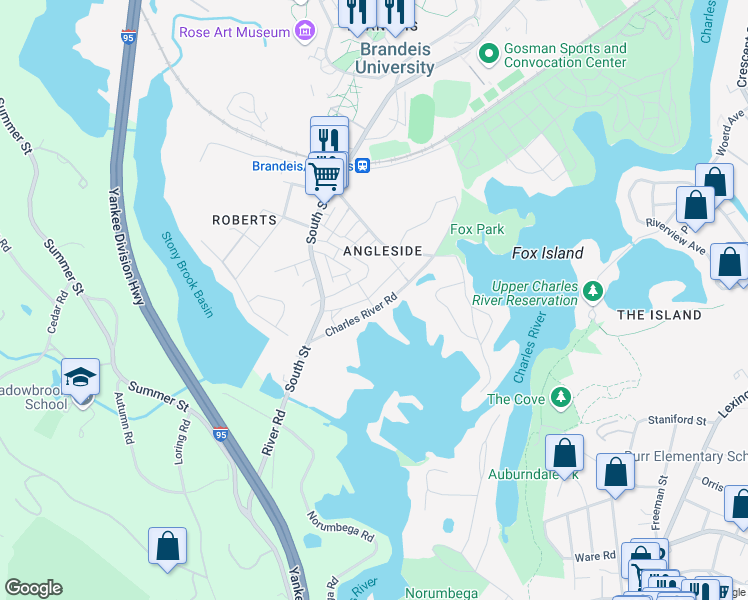 map of restaurants, bars, coffee shops, grocery stores, and more near 70 Charles River Road in Waltham