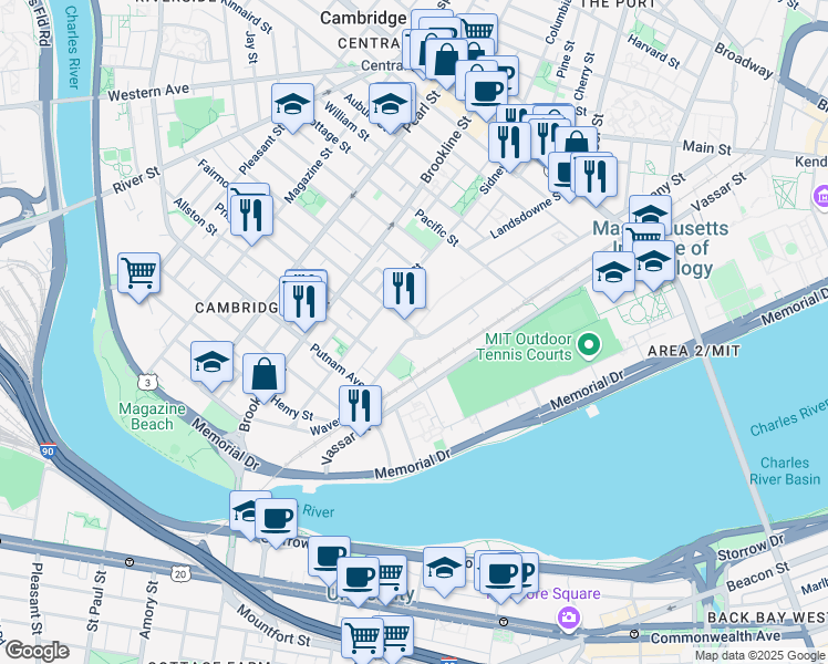 map of restaurants, bars, coffee shops, grocery stores, and more near 40 Erie Street in Cambridge