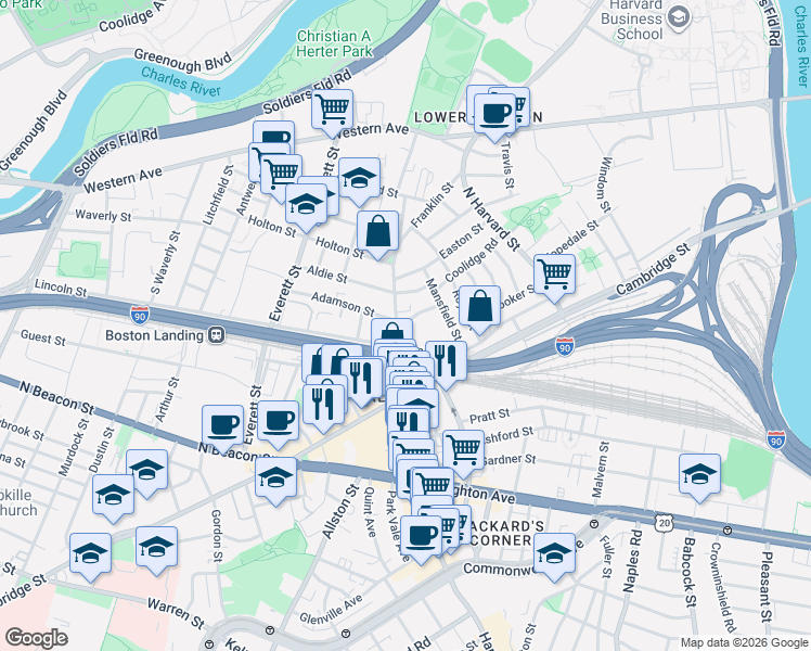 map of restaurants, bars, coffee shops, grocery stores, and more near 298A Lincoln Street in Boston