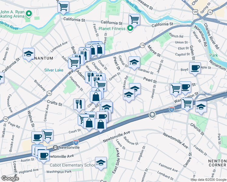 map of restaurants, bars, coffee shops, grocery stores, and more near 34-36 Middle Street in Newton