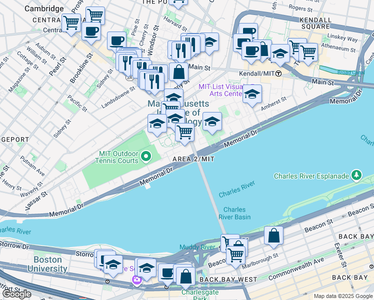 map of restaurants, bars, coffee shops, grocery stores, and more near 550 Huntington Avenue in Boston