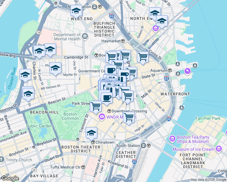 map of restaurants, bars, coffee shops, grocery stores, and more near 60 School Street in Boston