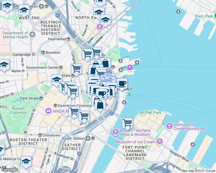 map of restaurants, bars, coffee shops, grocery stores, and more near 125 Broad Street in Boston