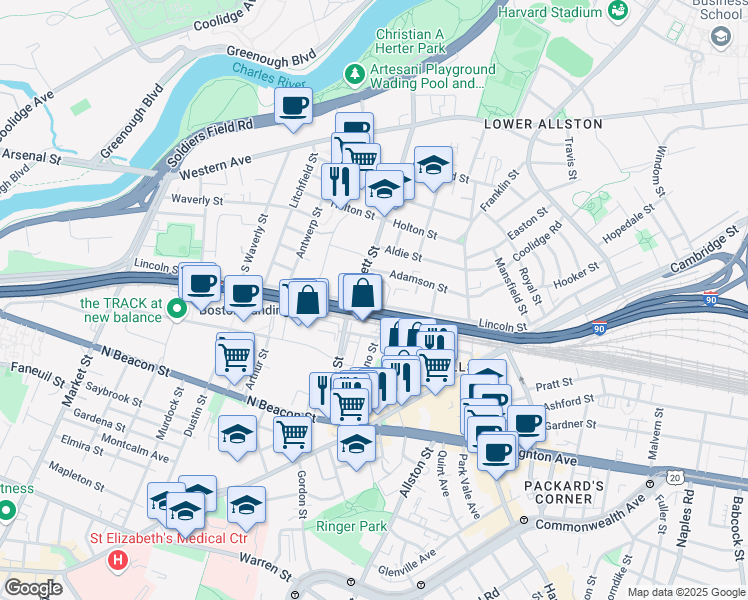 map of restaurants, bars, coffee shops, grocery stores, and more near 218 Lincoln Street in Boston