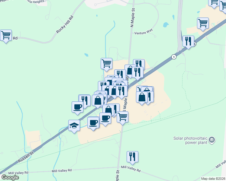 map of restaurants, bars, coffee shops, grocery stores, and more near 344 Russell Street in Hadley