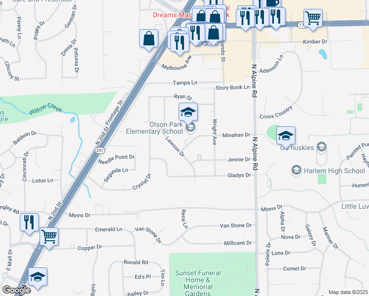 map of restaurants, bars, coffee shops, grocery stores, and more near 1414 Minahan Drive in Machesney Park