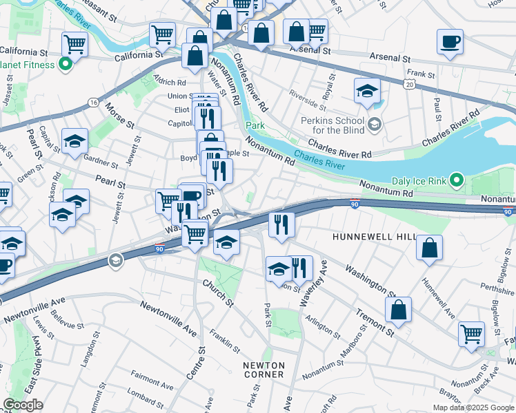 map of restaurants, bars, coffee shops, grocery stores, and more near 173 Charlesbank Road in Newton