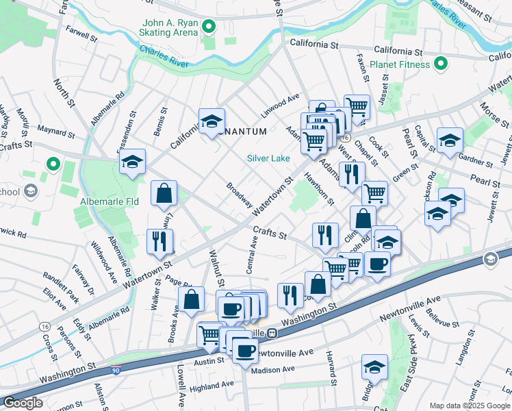 map of restaurants, bars, coffee shops, grocery stores, and more near 179 Crafts Street in Newton