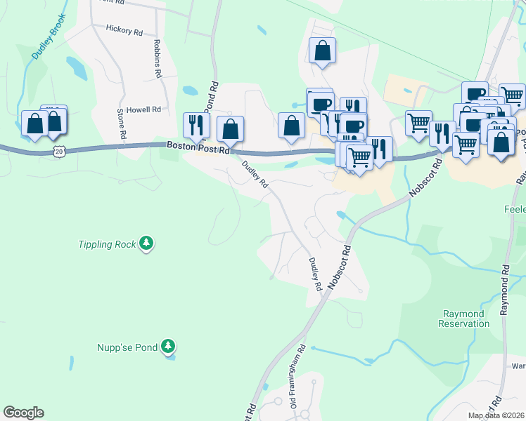 map of restaurants, bars, coffee shops, grocery stores, and more near 15 Shady Hill Lane in Sudbury