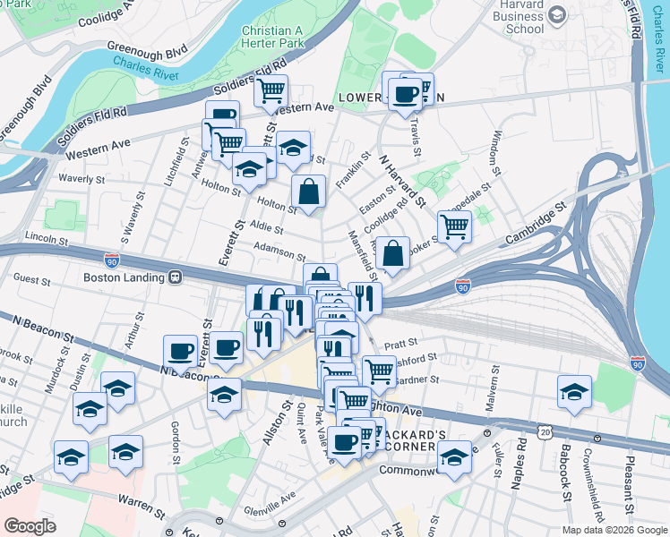 map of restaurants, bars, coffee shops, grocery stores, and more near 298A Lincoln Street in Boston