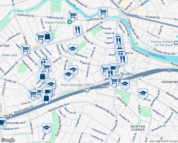 map of restaurants, bars, coffee shops, grocery stores, and more near 45 Waban Street in Newton