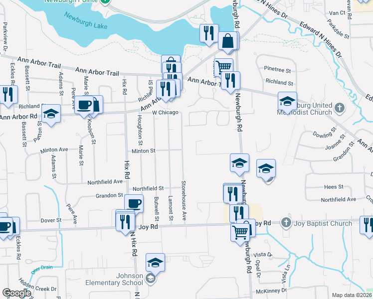map of restaurants, bars, coffee shops, grocery stores, and more near 37515 Eagle Drive in Livonia