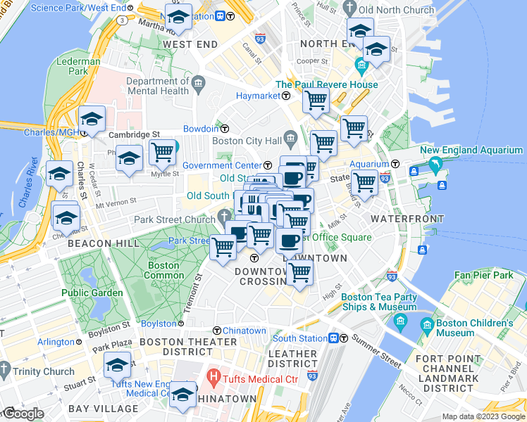 map of restaurants, bars, coffee shops, grocery stores, and more near 44 School Street in Boston