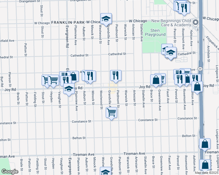 map of restaurants, bars, coffee shops, grocery stores, and more near Joy Rd & Grandville Ave in Detroit